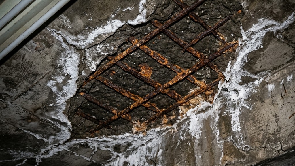 建築物地下室天花板出現白華現象與混凝土剝落,為典型的高氯離子(海砂屋)徵兆。