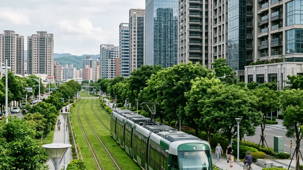 高雄輕軌行經現代化市區與林蔭大道的景觀,是亞灣區重要的交通動脈。