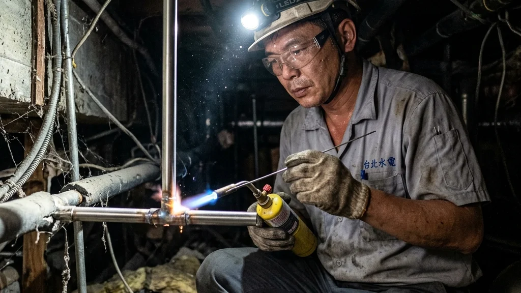 專業水電師傅於天花板吊頂內組裝不鏽鋼給水管道與保溫被覆。
