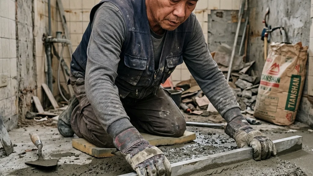 台灣資深泥作師傅正蹲在老公寓浴室地坪上鋪設洩水坡度砂漿,手持抹刀抹平水泥。