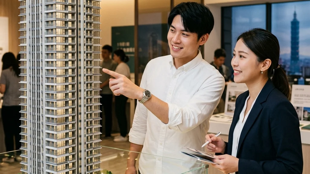 台灣年輕自住買方正在代銷接待中心內與銷售專員核對新成屋建築模型與公設坪數配比。