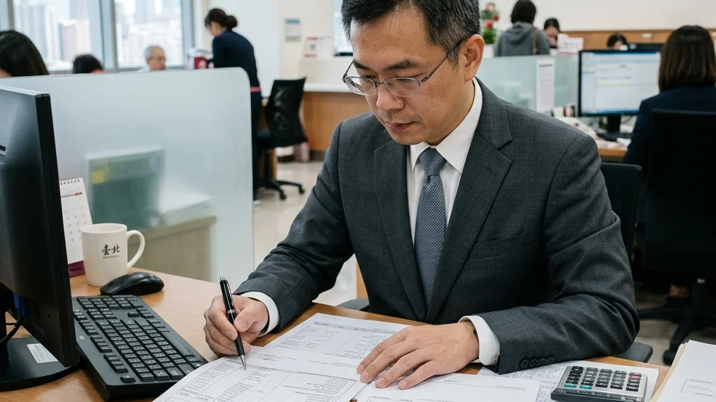 台灣專業理財專員正手持海外稅單與匯款資料與申貸人逐一確認資產證明替代方案。
