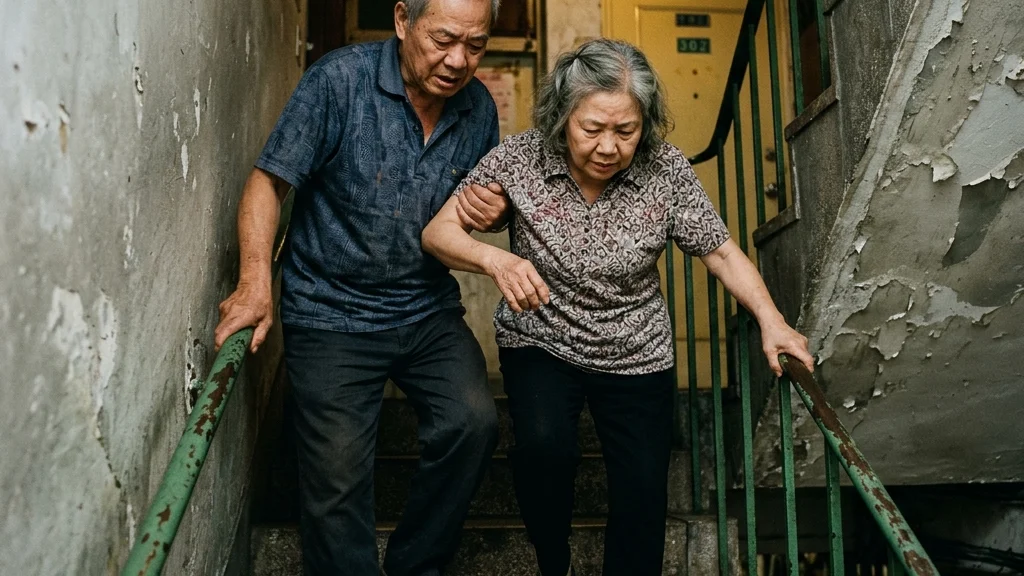 一位七十多歲的台灣老先生扶著他行動不便的妻子,在台北老舊公寓昏暗狹窄且無電梯的磨石子樓梯間艱難地拾級而上。
