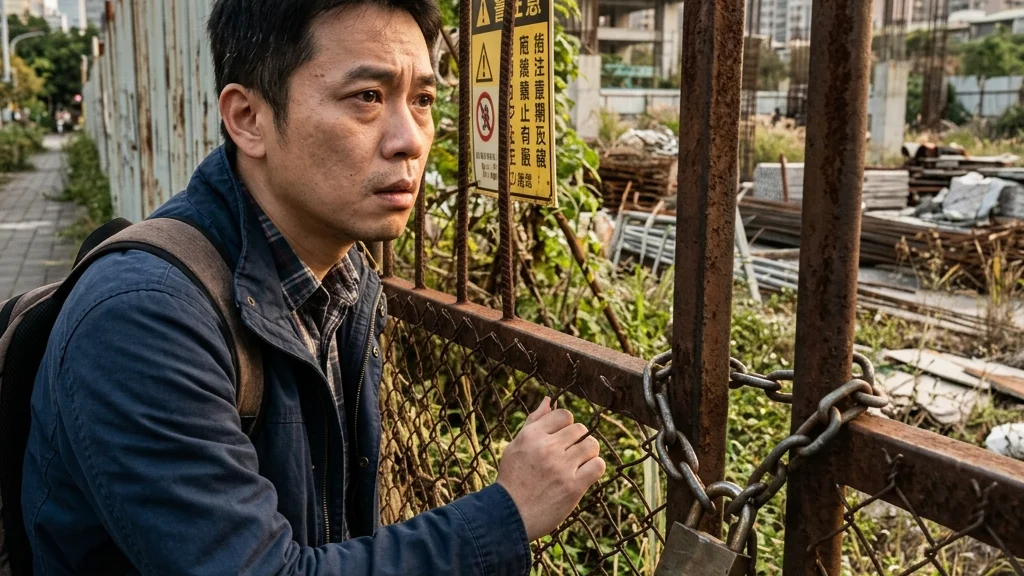 一位台灣購屋人無奈地站在被重鎖鍊扣上的停工預售屋工地鐵閘門前,背景為生鏽的鋼筋與未完工的混凝土樑柱。