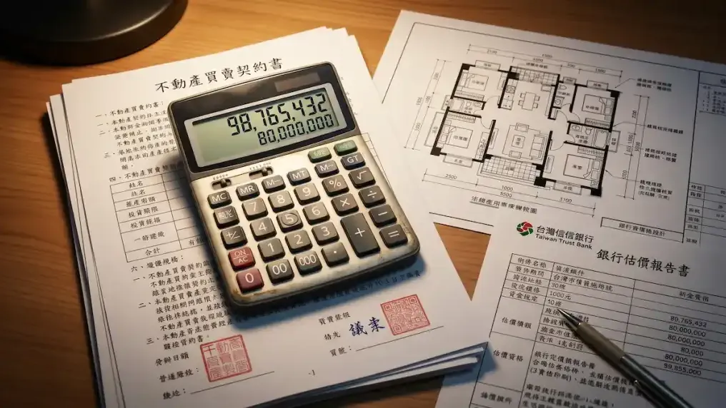 首購族在購屋合約旁,透過計算機精算銀行保守鑑價與實際成交價之間的房貸資金缺口。