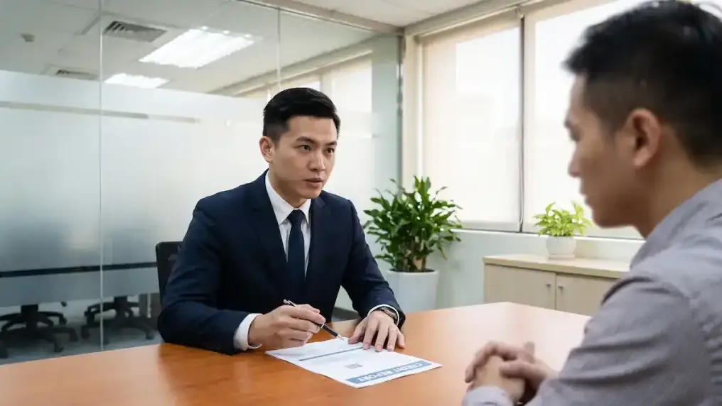 買房民眾在銀行櫃檯與授信專員討論房貸成數與利率條件。