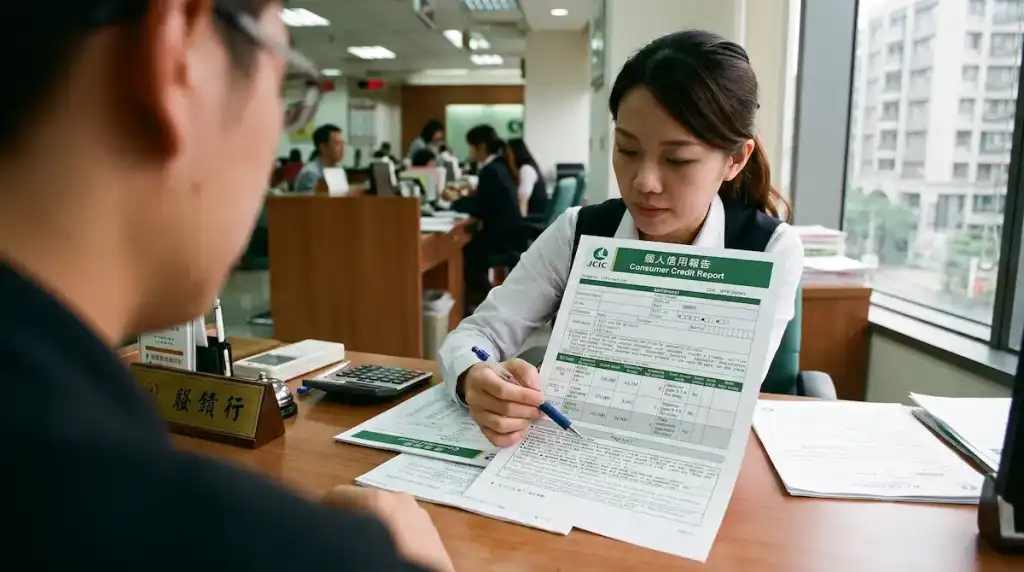 銀行授信人員正在解說聯徵紀錄,首購族申辦房貸前務必確認信用卡繳款與收支比狀況是否符合標準。