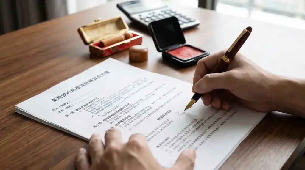 民眾在銀行櫃檯簽署房屋轉貸合約,須謹慎精算原行違約金與代書設定規費等隱藏成本。