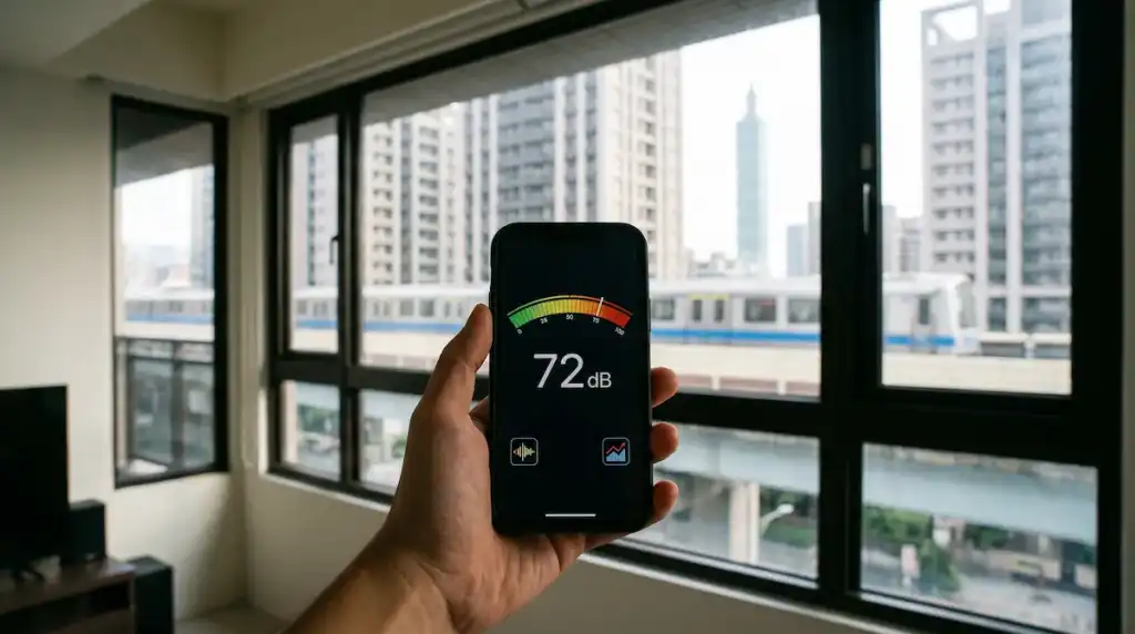 民眾在捷運軌道旁的房屋內,使用手機分貝計實測氣密窗隔音效果與高頻噪音數值。