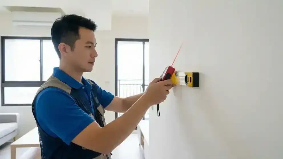 專業驗屋人員使用水平儀與雷射測距儀檢驗牆面