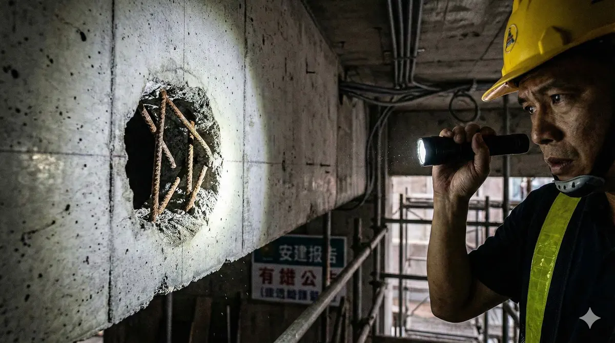 台灣建築工地結構檢測現場，專業結構技師配戴黃色工程帽並使用強光手電筒，近距離檢查混凝土結構樑上的洗孔（鑽芯）位置，特寫畫面清晰顯示內部鋼筋與箍筋因施工不當遭到切斷。