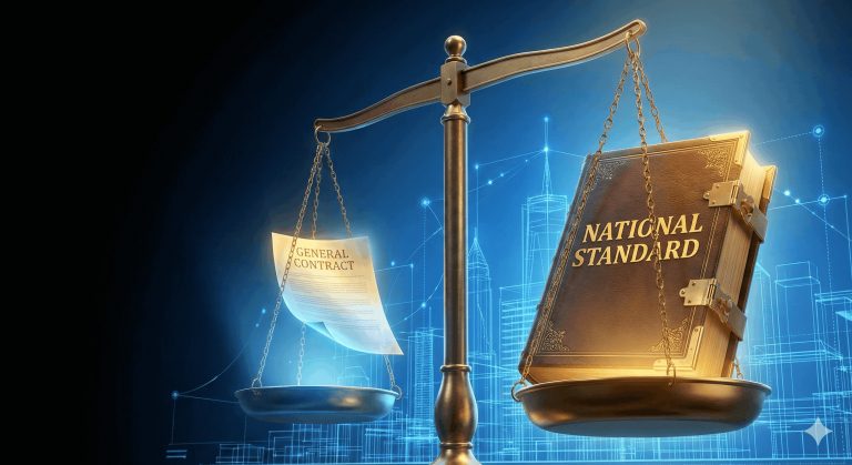 國家級合建契約與一般市售合約的權益重量對比，象徵地主保障的黃金標準。