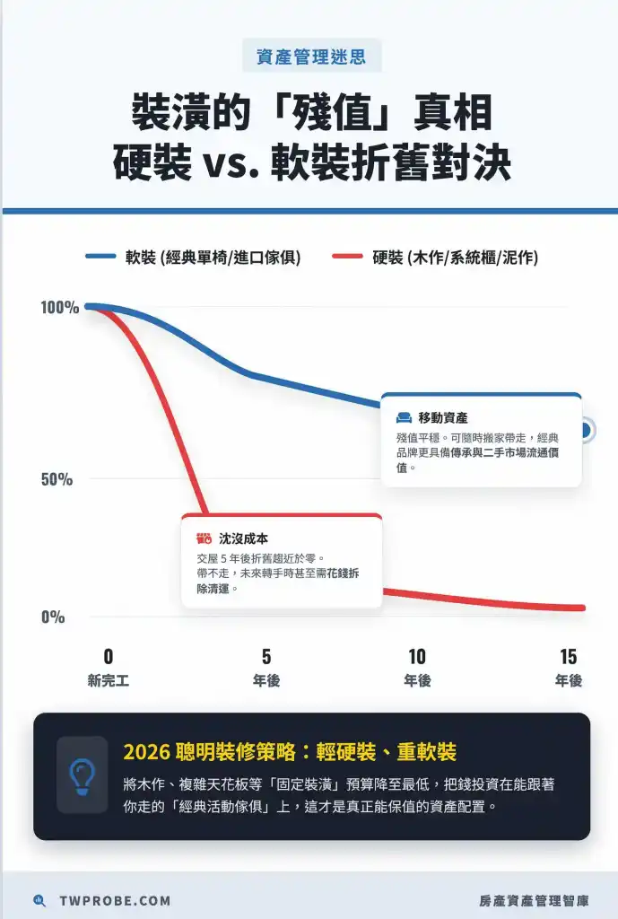 硬裝與軟裝的資產殘值折舊曲線比較。