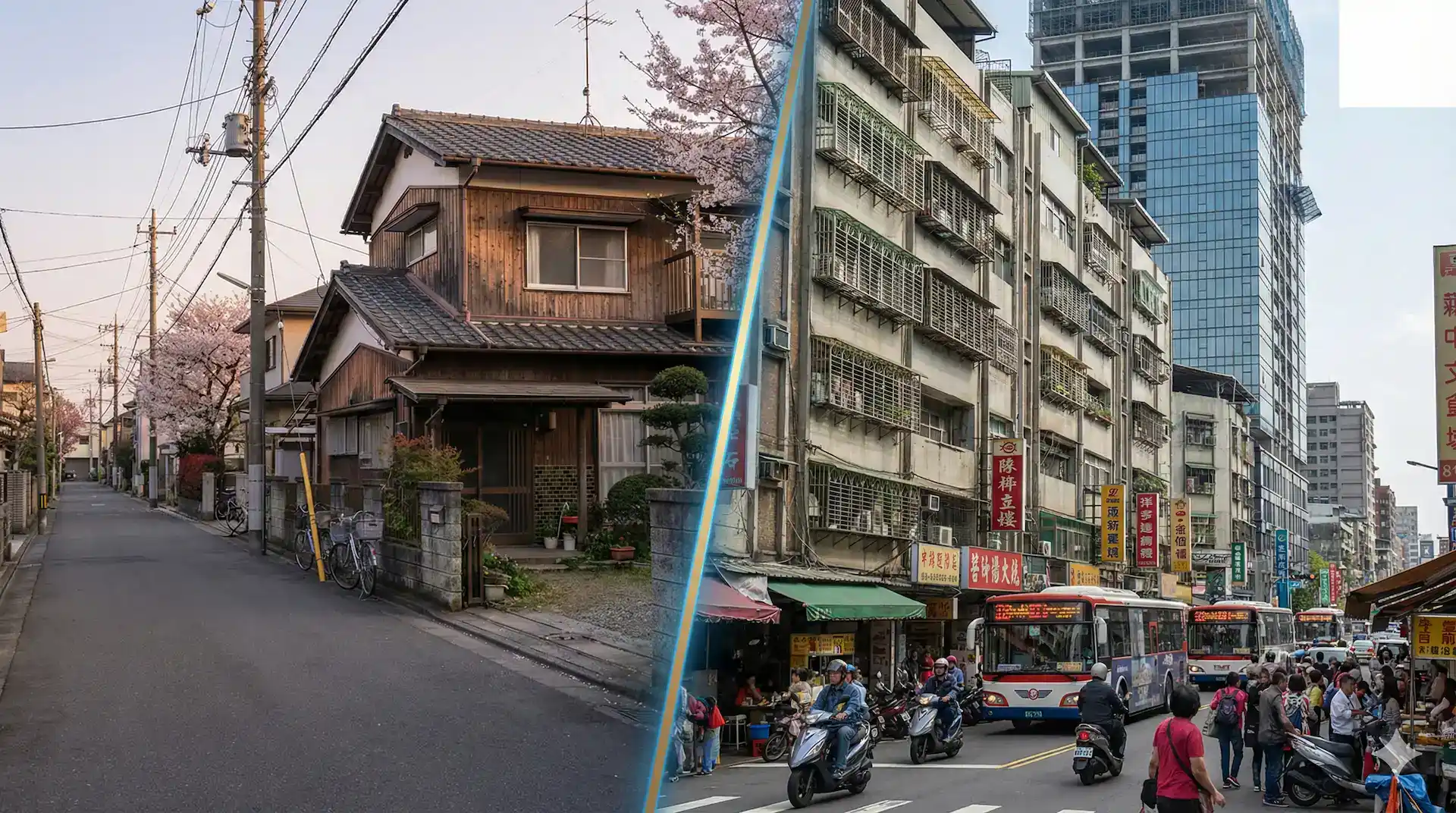 左側日本靜謐的透天與右側台灣高密度的公寓，象徵兩國截然不同的房市生態。