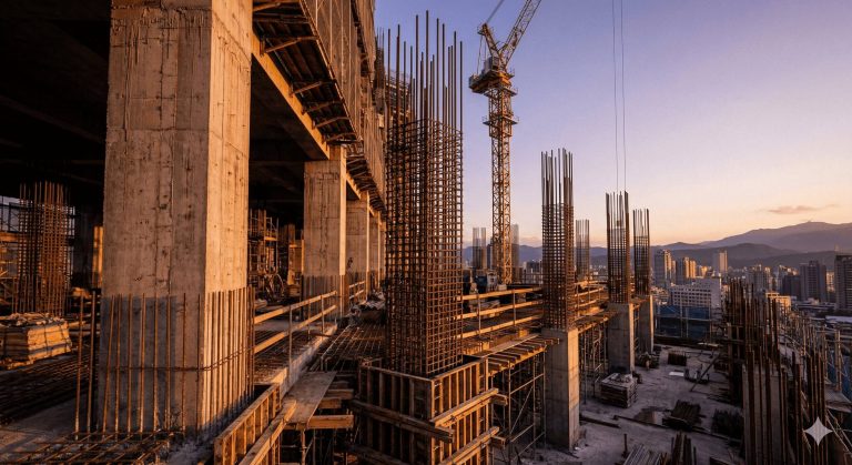 台北都更建案施工現場，展示鋼筋混凝土結構與營建品質細節。