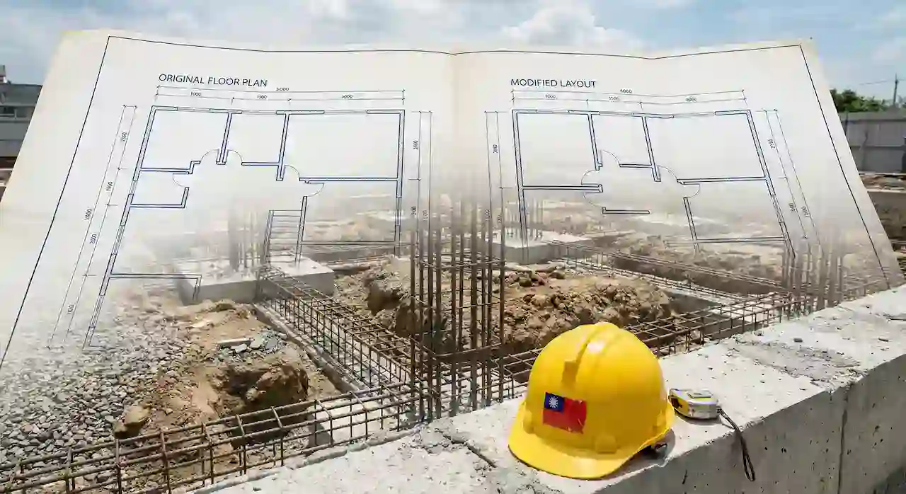 建築執照變更設計前後圖面對比與營造工地實景