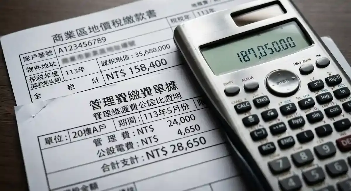 商業區房屋稅單與管理費收據的微距特寫