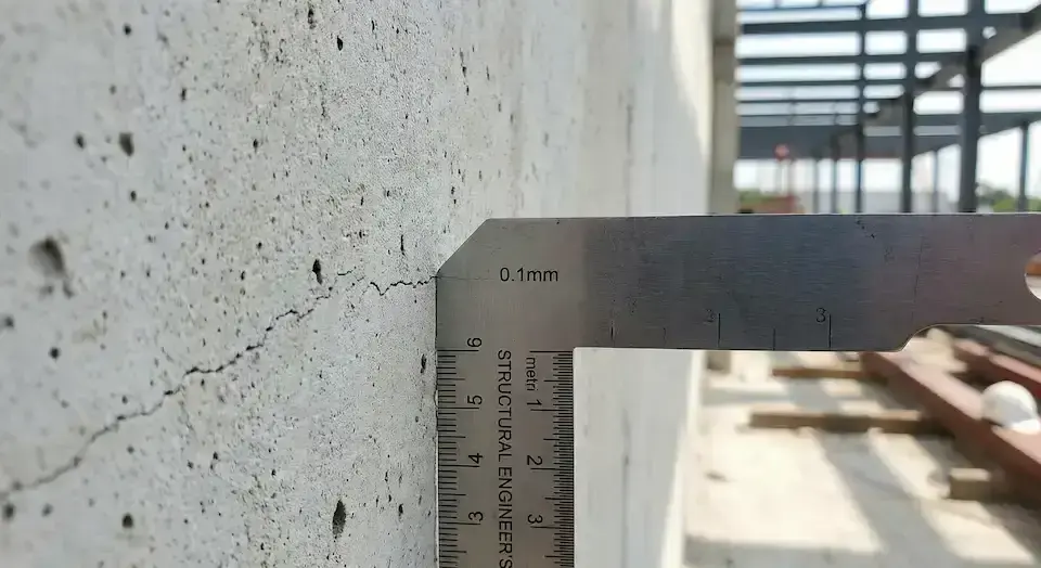 使用裂縫尺精準測量RC結構牆面裂縫寬度，判斷建築健康度與安全等級，進行零成本物理驗證。