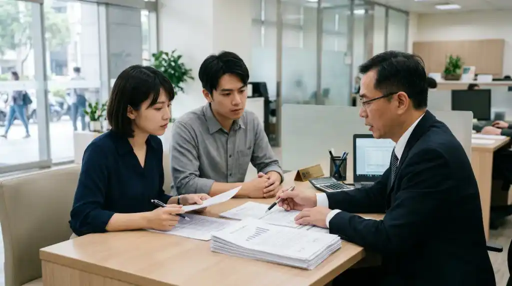 台灣購屋者與銀行授信人員進行地上權貸款實務審核。