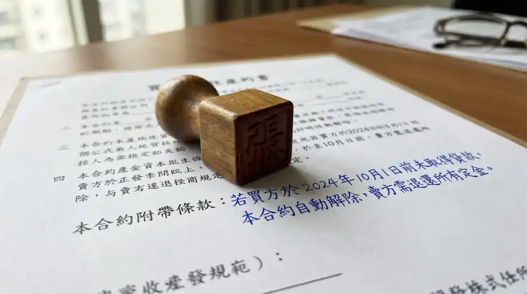 在買賣契約特約事項欄位手寫附停止條件並蓋章