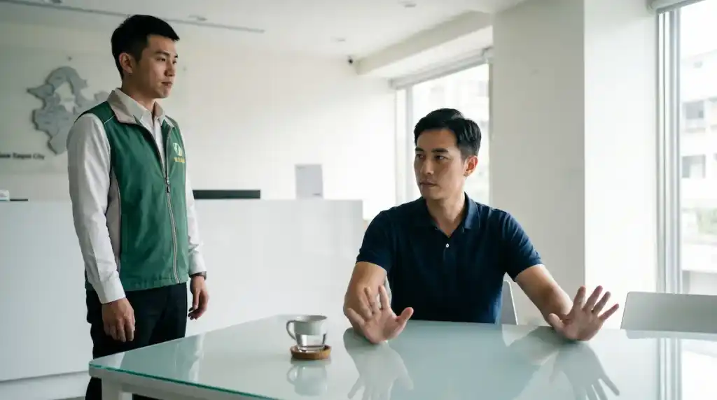 台灣購屋者在仲介店內以物理手勢拒絕仲介催促出價的情境。