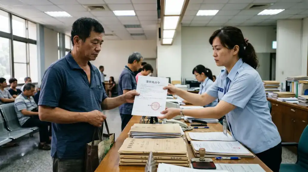 台灣法院執行處櫃檯,屋主領取強制執行點交命令文件的實境照片。