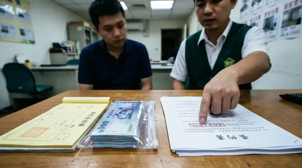 台灣仲介店內桌上並列的斡旋金收據、現金與要約書。