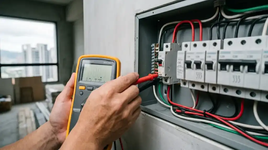 驗屋人員使用儀器檢測電箱迴路與漏電斷路器