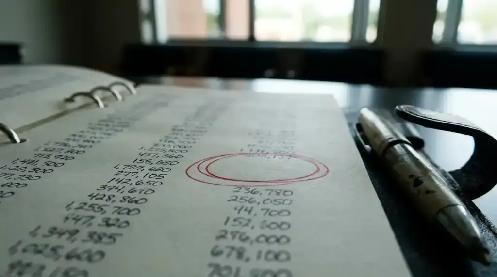特寫一張財務規劃表，其中一個資金缺口的數據被紅筆圈起，背景為模糊的銀行大廳，顯示銀行鑑價落差帶來的現金流壓力。