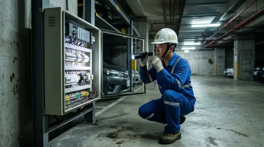 專業維修技師針對機械停車設備控制盤進行每月定期安檢與零件保養。