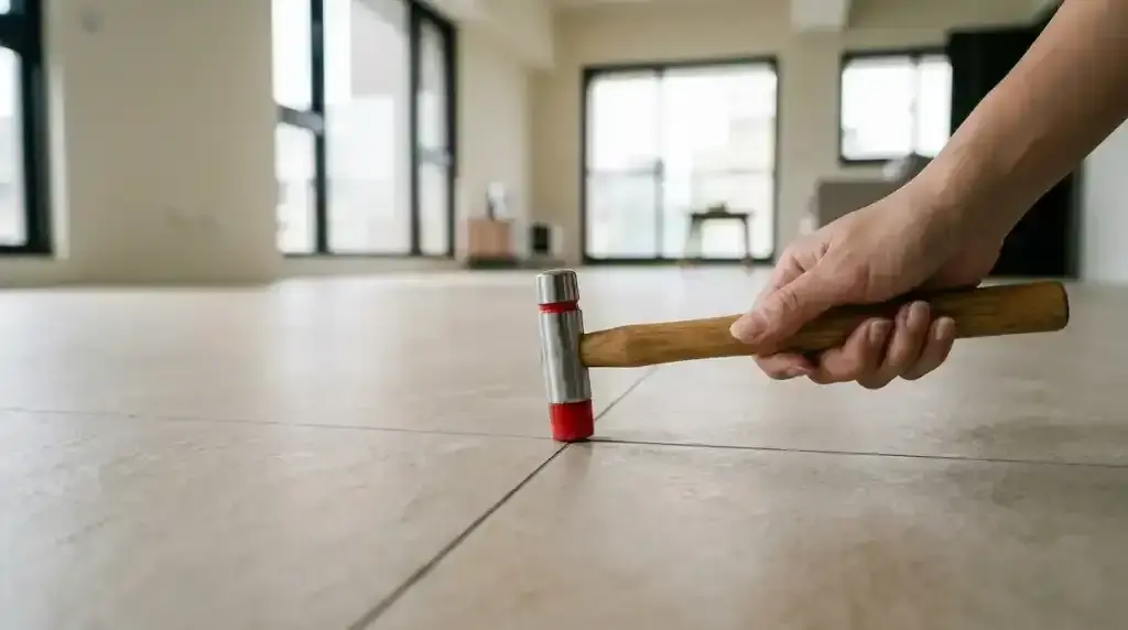 驗屋人員使用敲擊槌檢測新成屋地磚空心狀態