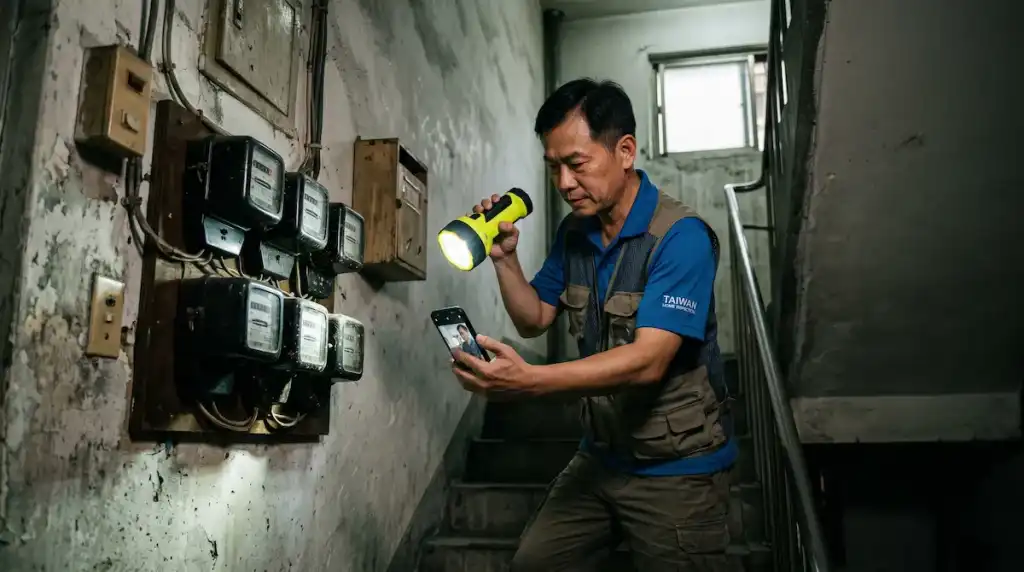 人員在公寓樓梯間記錄電錶數值的實境