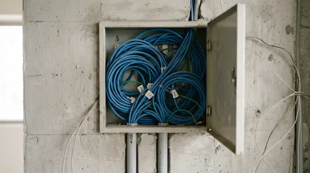 預售屋建商預設的狹窄弱電箱與 4 分管，無法容納升級後的高規格網路線。