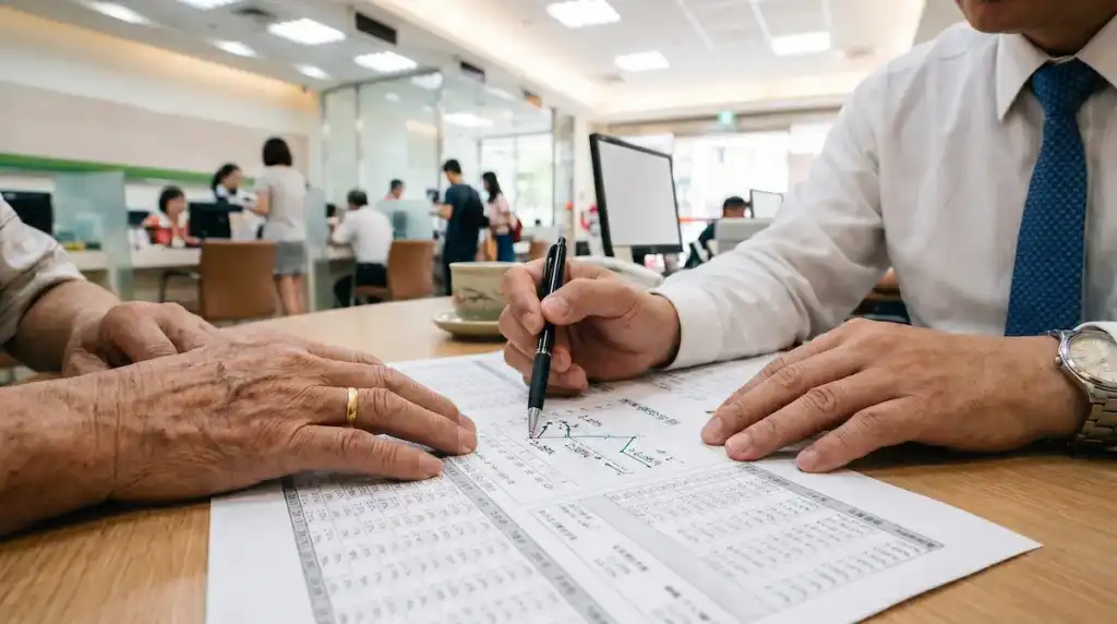 銀行放款專員向長輩解說以房養老的房屋鑑價流程與貸款利率限制。