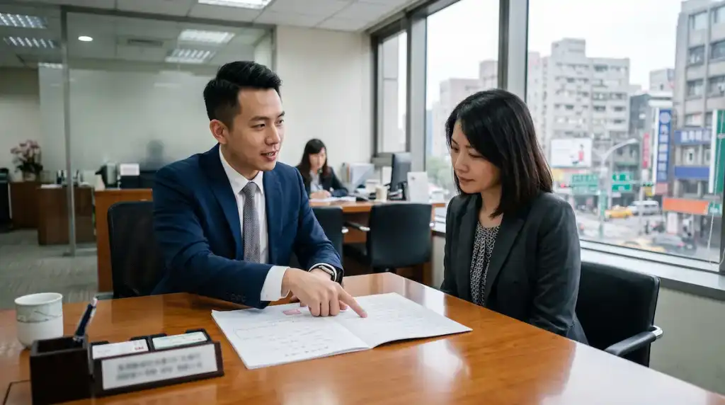 銀行房貸專員向客戶說明第二戶限貸令與家庭歸戶審查規定的實務場景。
