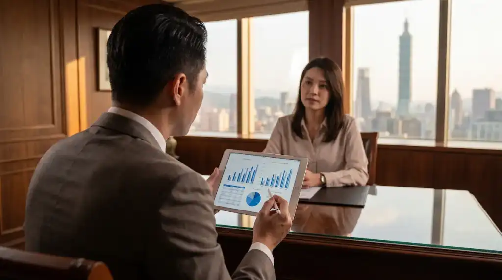 銀行理財專員正在向 VIP 客戶解說綜合貢獻度與資產集中化策略。