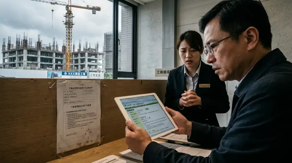 台灣預售屋代銷中心櫃檯旁，購屋族認真操作平板查詢履約擔保機制，代銷人員在一旁解釋不動產開發信託專戶，背景為停工工地，示意消費者應自行查證財務風險。