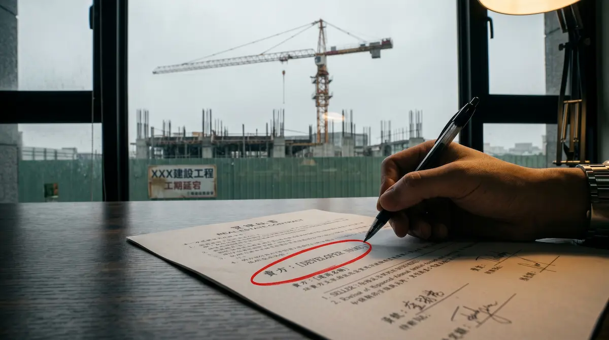 台灣代銷中心辦公桌上的預售屋買賣合約書，賣方欄位被紅筆圈出，窗外遠處可見停工的建設公司工地，示意建商倒閉風險與保固責任歸屬。