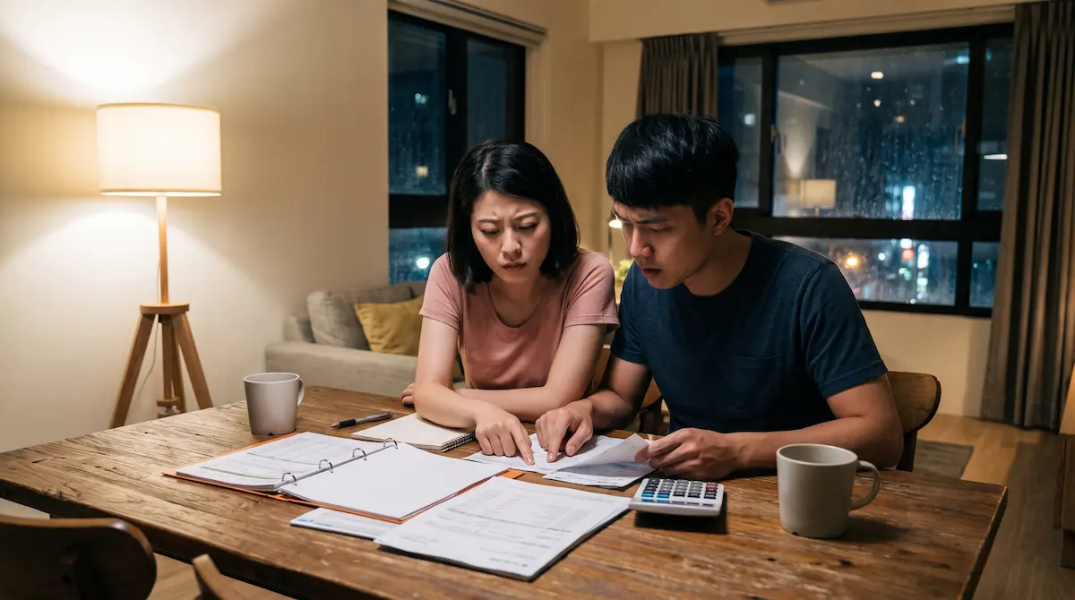台灣雙薪夫妻面對央行信用管制與無寬限期房貸壓力的真實財務試算情境照。