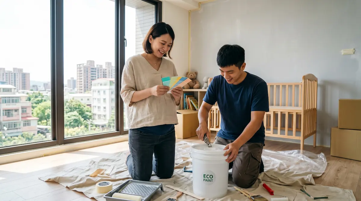 台灣年輕夫妻在裝潢中的兒童房準備塗刷水性漆並挑選色漿。