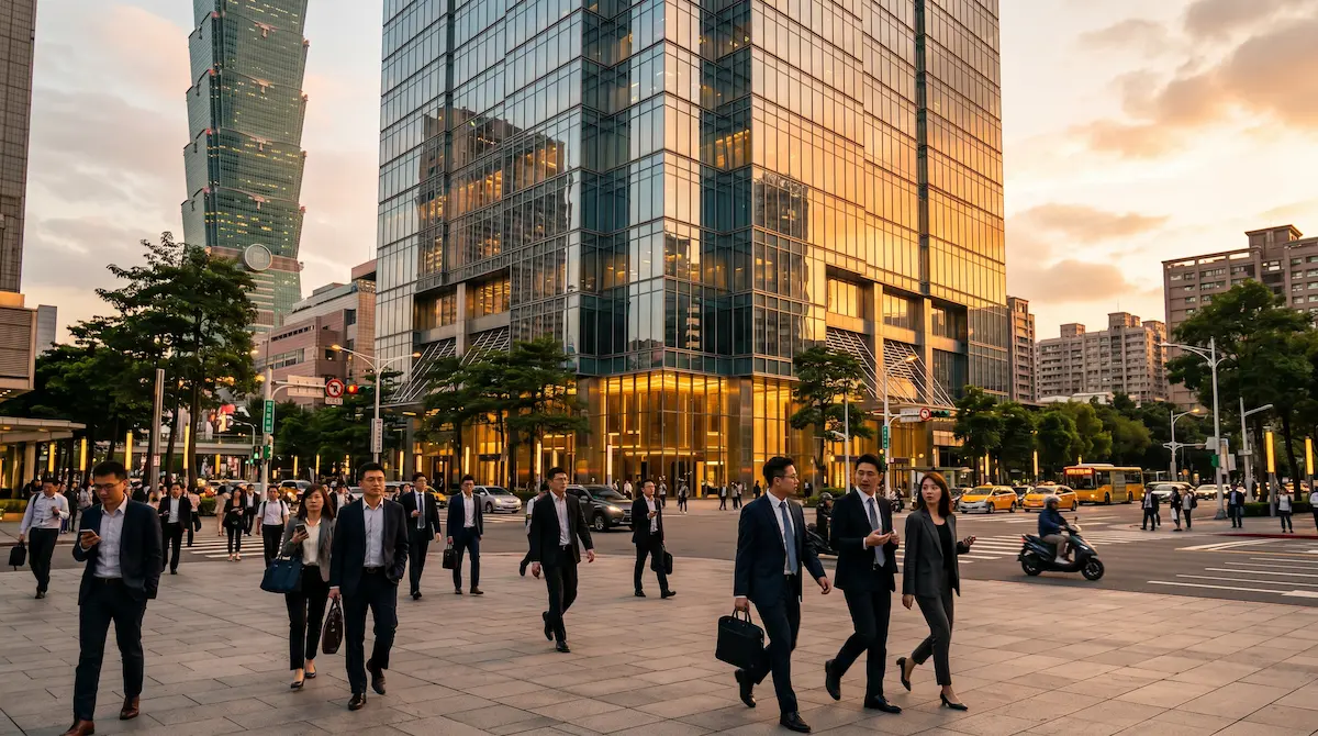 台北信義區高級商辦大樓外觀，象徵企業資產配置與商辦購置決策。