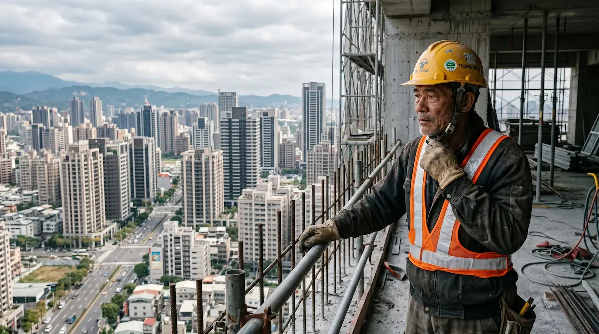 一位資深營建工人在台灣高樓建案現場，象徵營造業高齡化與預售屋缺工現況。