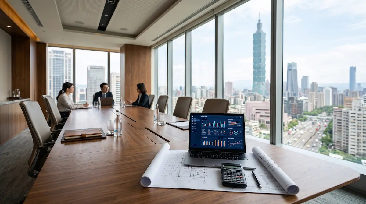 企業財務長評估新北市與台北市商辦的預售與成屋現金流試算。
