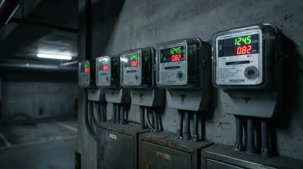 住宅大樓地下室的數位台電電表，顯示出建築真實的低壓用電數據。