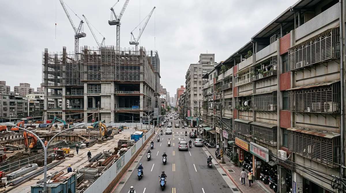 台北市區大型飯店改建工地緊鄰老舊連棟公寓，凸顯深開挖工程對周遭淺基礎建築造成的結構壓力與風險。