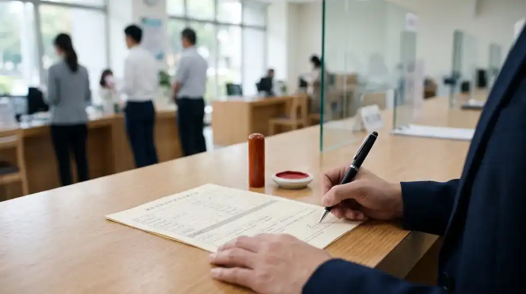民眾在戶政機關櫃檯填寫自用住宅相關申請書並準備蓋章。