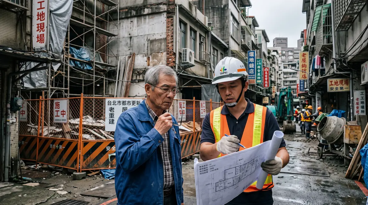 台灣老屋地主與建商在工地現場查看藍圖，探討合建事宜與產權保障。