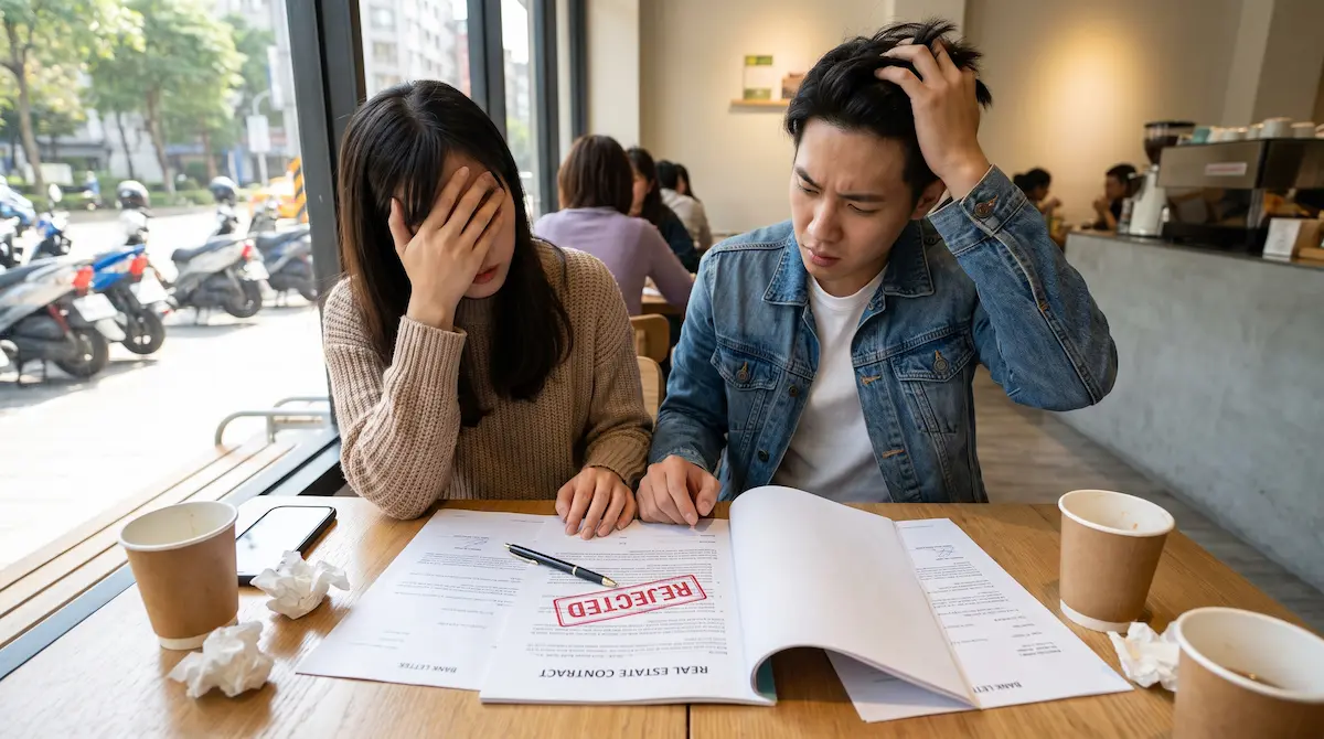 台灣購屋族在限貸令期間焦急審視買賣合約與銀行房貸核准進度。