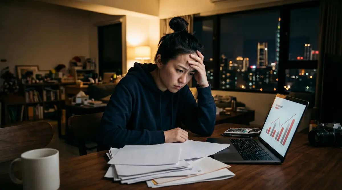 台灣首購族在客廳面對房貸寬限期屆滿的銀行帳單，苦思展延與本息攤還的財務壓力。