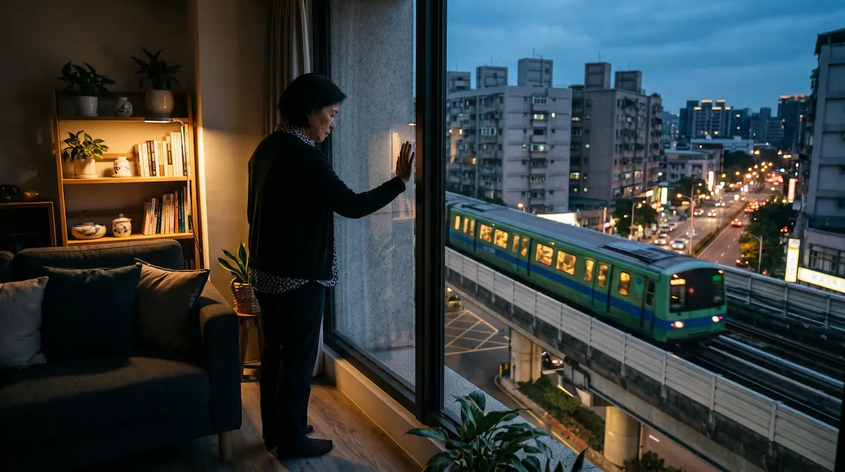 買房評估捷運共構宅的優缺點，民眾在室內窗邊感受軌道噪音與建築物低頻震動的實際居住狀況。